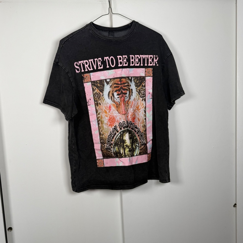 Shein Strive To Be Better Tiger Graphic Tee Washed Black Pink Streetwear Shirt